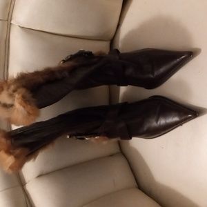 Women's chocolate leather boots with tan fur & belted & jeweled accents